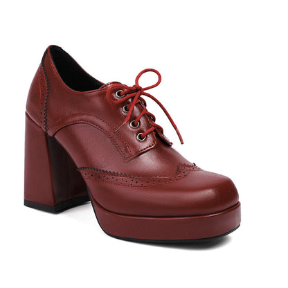 Women'S Square Toe Shoelace Platform Square Heel Brogue Shoes