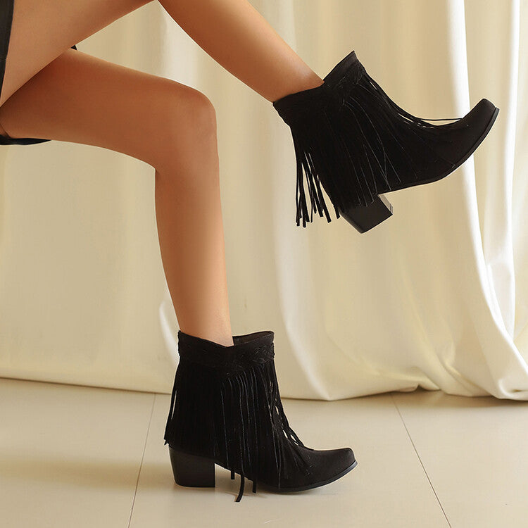 Women's Tassel Block Heel Short Boots