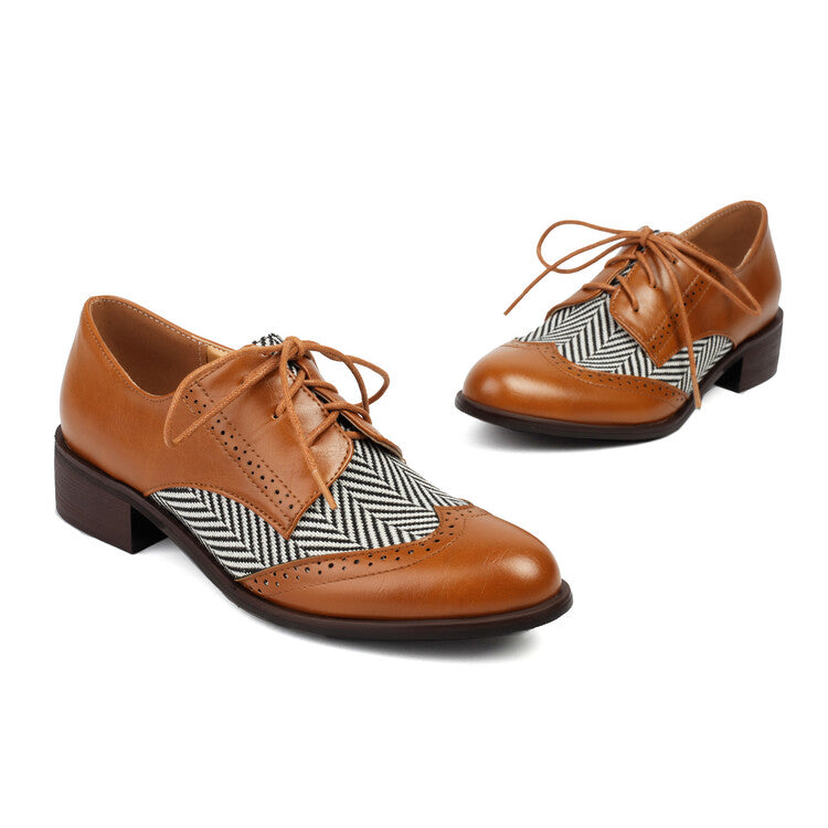 Women's Lace Up Color Blocking Brogues Low Heel Derby Shoes