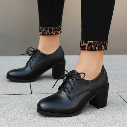 Women's Round Toe Square High Heel Lace Up Derby Shoes