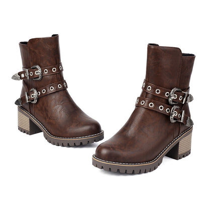 Women's Metal Decor Round Toe Square Heel Platform Short Boots