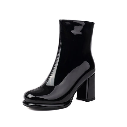 Women's Glossy Chunky Heel Platform Short Boots