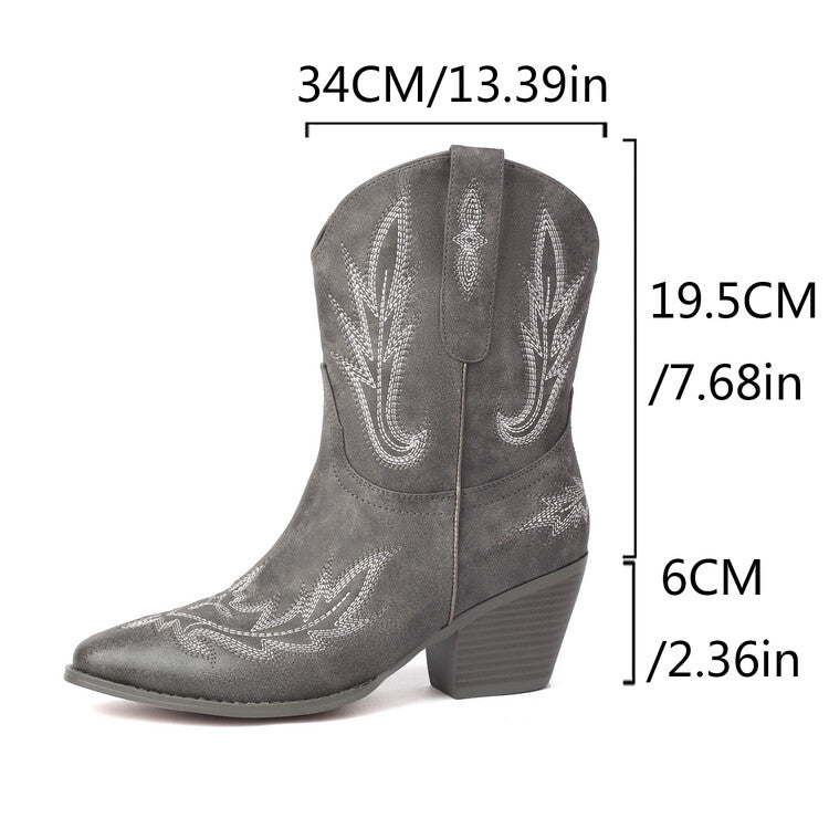 Women's Embroider Pointed Toe Block Heel Mid Calf Western Boots