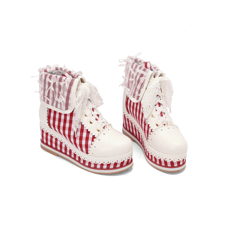 Women's Patchwork Lace-Up Round Toe Wedge Platform Short Boots