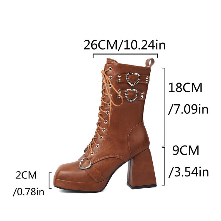 Women's Love Heart Buckle Square Toe Block Heel Platform Short Boots