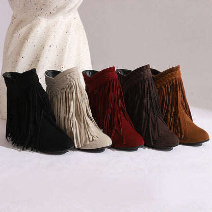 Women's Tassel Round Toe Wedge Heel Short Boots