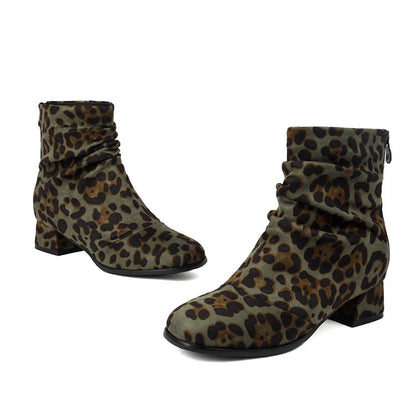 Women'S Leopard Print Round Toe Block Heel Ankle Boots