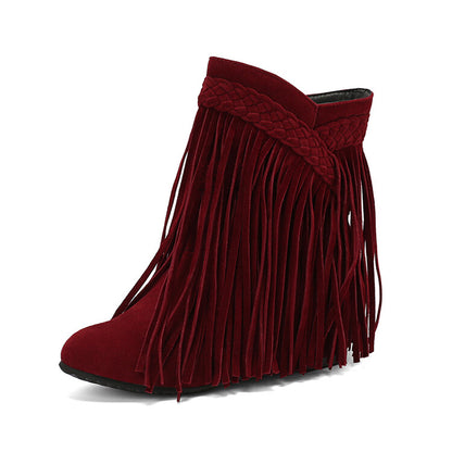 Women's Tassel Round Toe Wedge Heel Short Boots