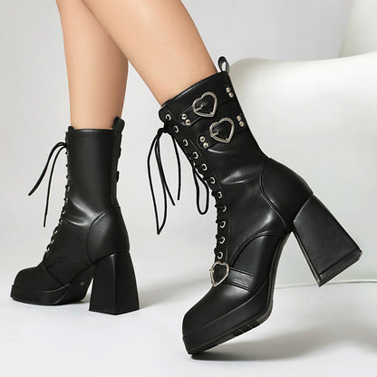 Women's Love Heart Buckle Square Toe Block Heel Platform Short Boots