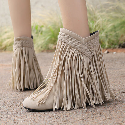 Women's Tassel Round Toe Wedge Heel Short Boots