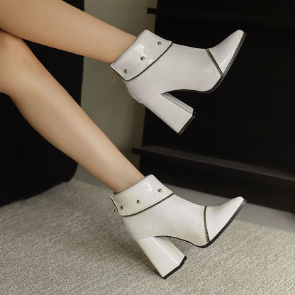 Women's Glossy Rivets Pointed Toe Block Heel Ankle Boots