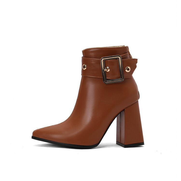 Women's Buckle Strap Pointed Toe Square Heel Ankle Boots