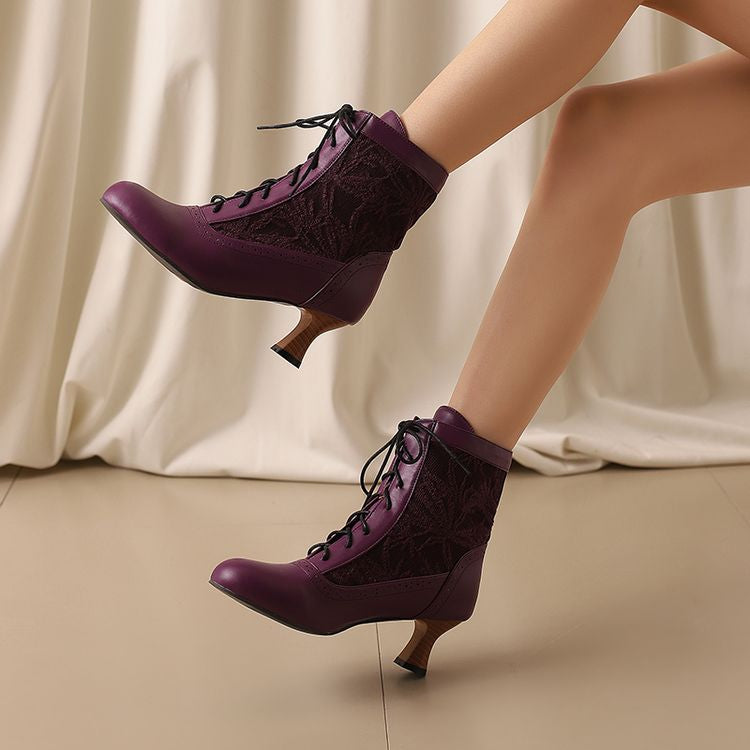 Women's Embroider Lace-Up Round Toe Hoof Heel Ankle Boots