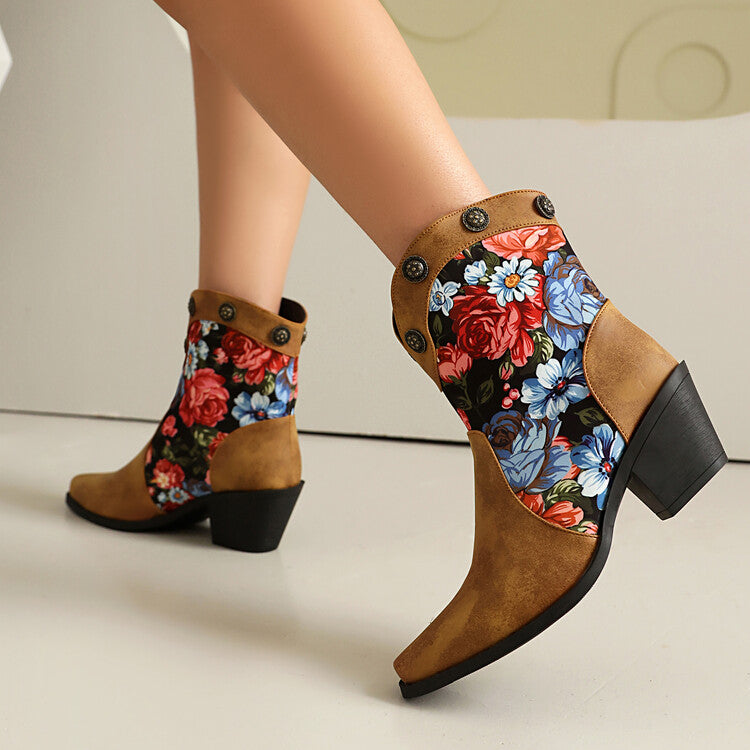 Women's Flowers Pattern Pointed Toe Block Heel Western Boots