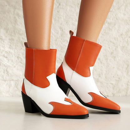 Women's Patchwork Pointed Toe Block Heel Western Boots