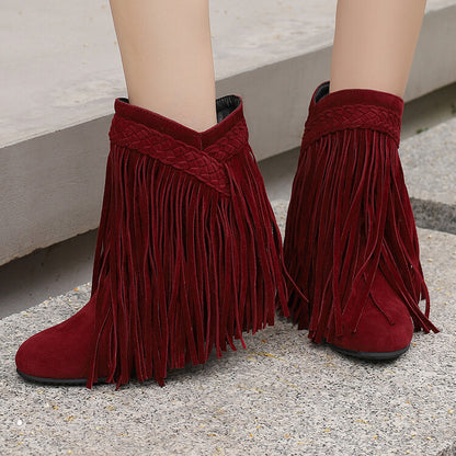 Women's Tassel Round Toe Wedge Heel Short Boots