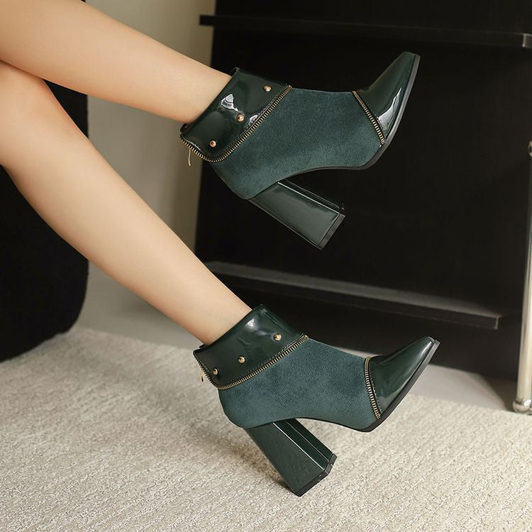 Women's Glossy Rivets Pointed Toe Block Heel Ankle Boots