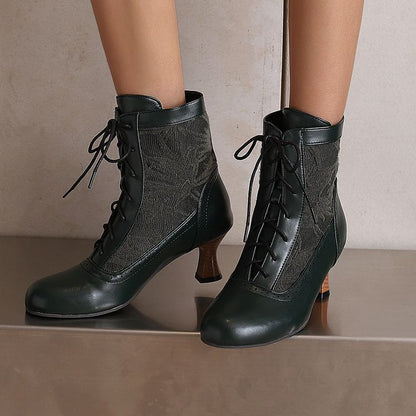 Women's Embroider Lace-Up Round Toe Hoof Heel Ankle Boots