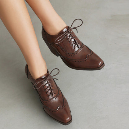 Women's Pointed Toe Lace Up Block Heel Oxfords Shoes