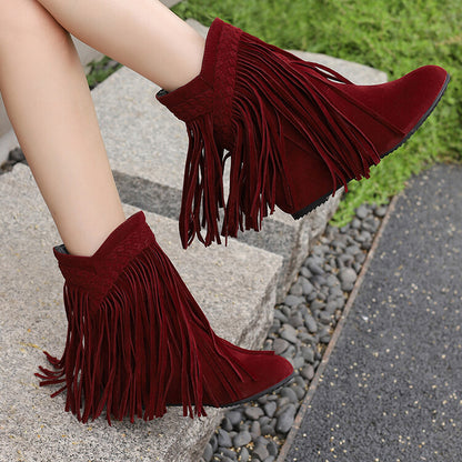 Women's Tassel Round Toe Wedge Heel Short Boots