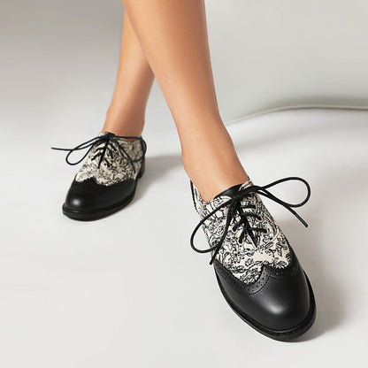 Women's Printed Lace-Up Round Toe Low Heel Oxfords Brogues Shoes