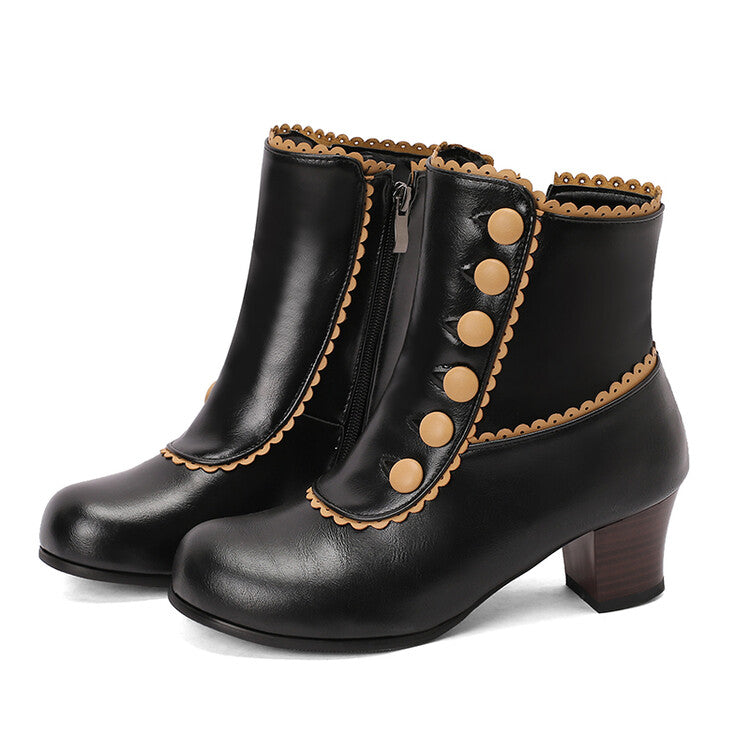 Women's Patchwork Rivets Round Toe Block Heel Ankle Boots