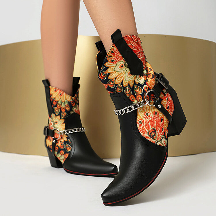 Women's Flowers Chains Pointed Toe Block Heel Short Western Boots