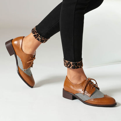 Women's Lace Up Color Blocking Brogues Low Heel Derby Shoes