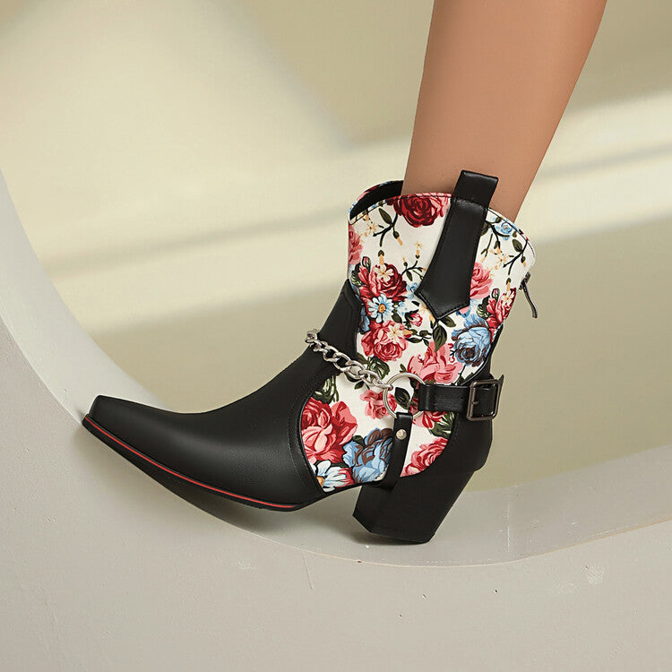 Women's Flowers Chains Pointed Toe Block Heel Short Western Boots