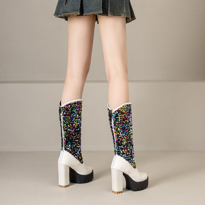 Women's Plush Dots Sequins Platform High Heel Mid Calf Boots