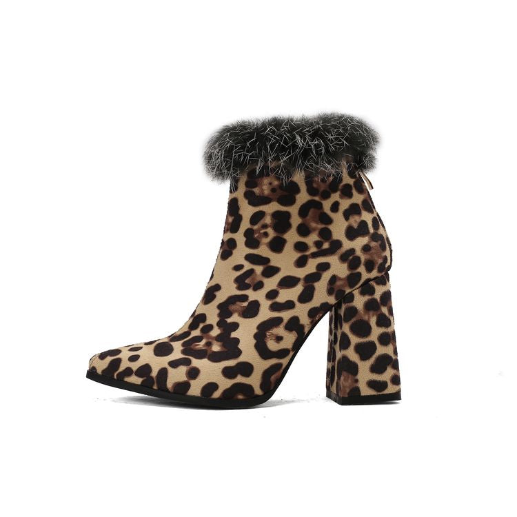 Women's Leopard Print Pointed Toe Block Heel Short Boots