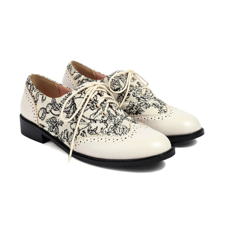 Women's Printed Lace-Up Round Toe Low Heel Oxfords Brogues Shoes