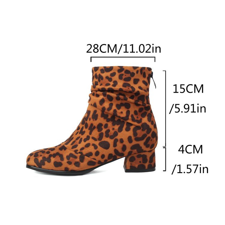 Women'S Leopard Print Round Toe Block Heel Ankle Boots