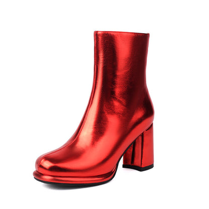 Women's Glossy Chunky Heel Platform Short Boots