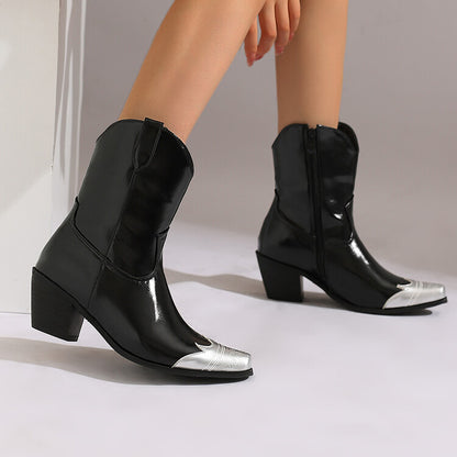 Women's Glossy Bling Pointed Toe Block Heel Short Western Boots