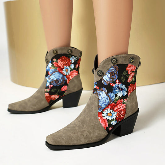 Women's Flowers Pattern Pointed Toe Block Heel Western Boots