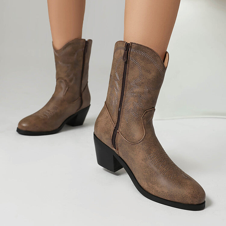 Women's Embroider Round Toe Block Heel Western Boots