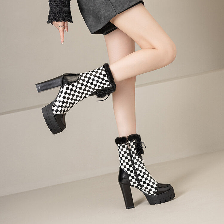 Women's Plush Plaid Lace-Up Platform Heels Mid Calf Boots