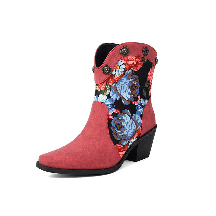 Women's Flowers Pattern Pointed Toe Block Heel Western Boots