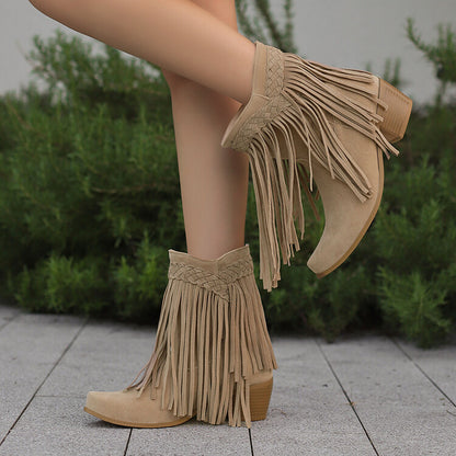 Women's Tassel Block Heel Short Boots