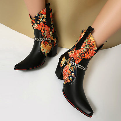 Women's Flowers Chains Pointed Toe Block Heel Short Western Boots