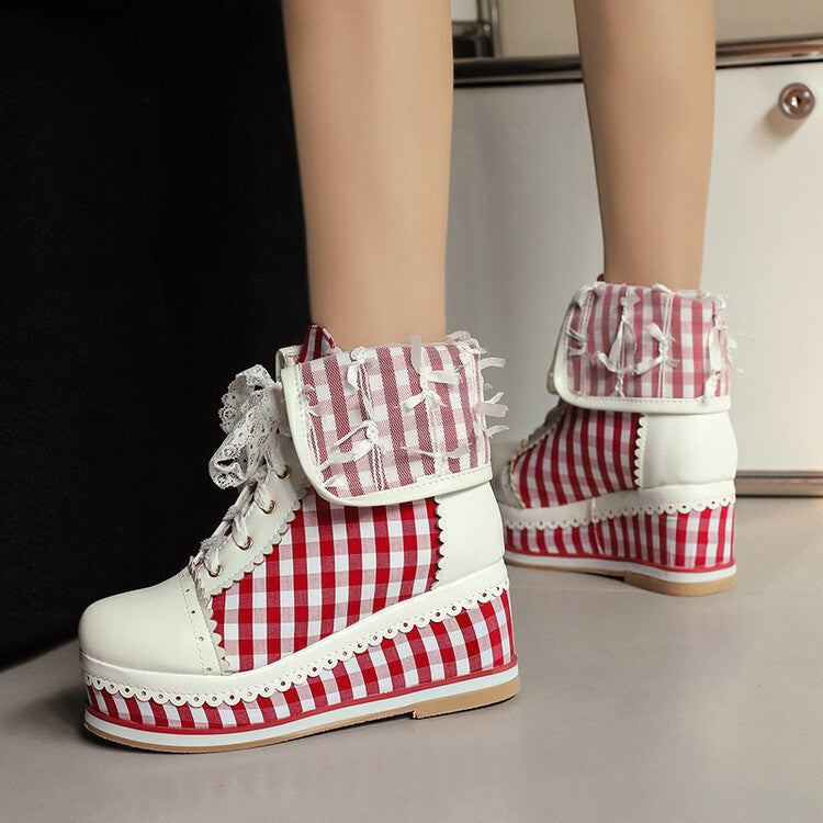 Women's Patchwork Lace-Up Round Toe Wedge Platform Short Boots