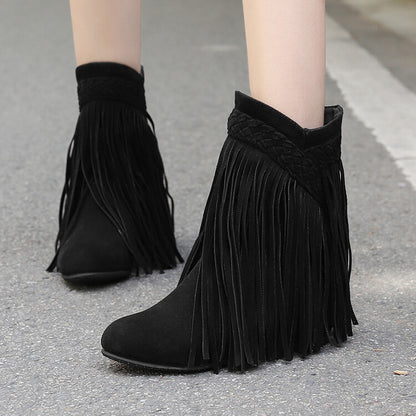 Women's Tassel Round Toe Wedge Heel Short Boots