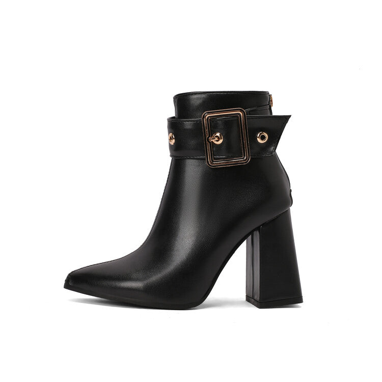 Women's Buckle Strap Pointed Toe Square Heel Ankle Boots