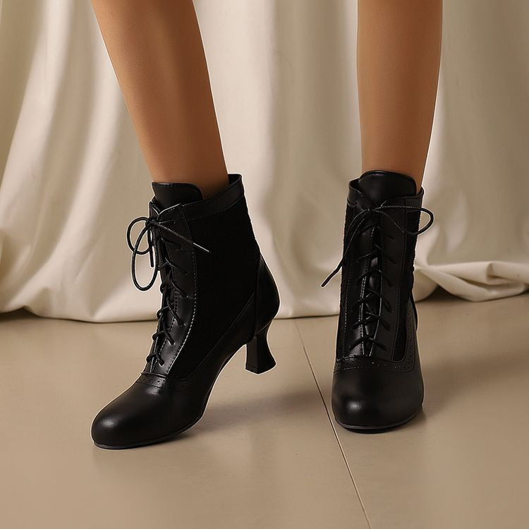 Women's Embroider Lace-Up Round Toe Hoof Heel Ankle Boots