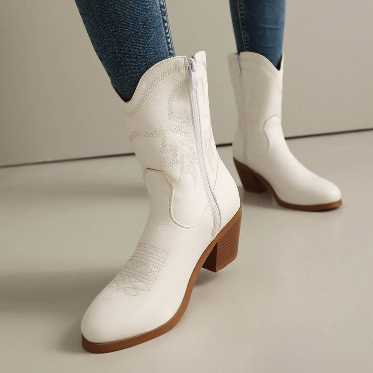 Women's Embroider Round Toe Block Heel Western Boots