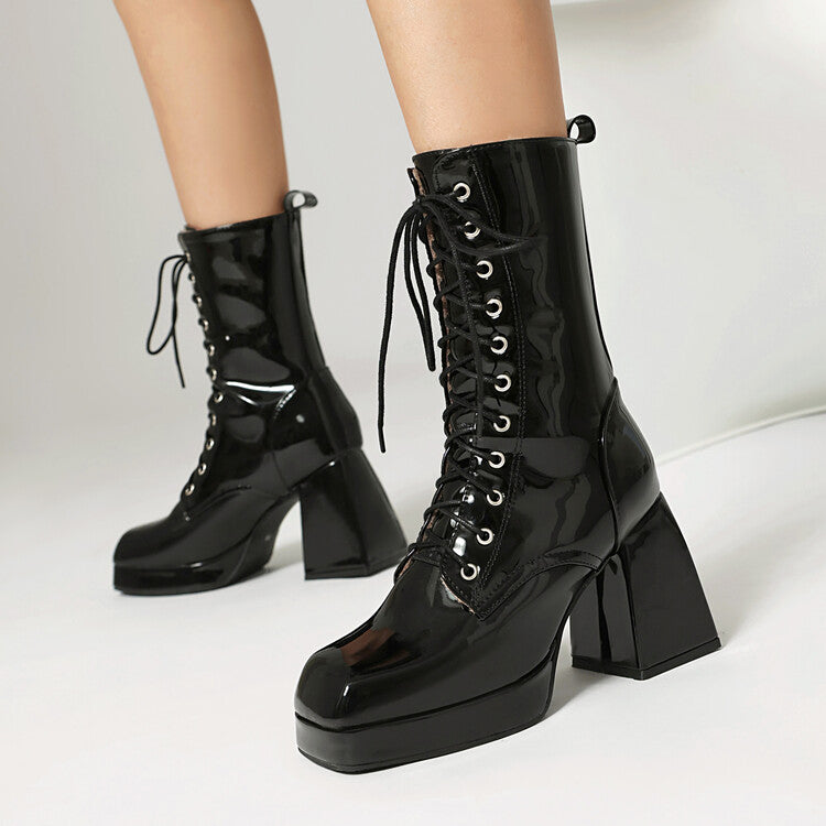 Women's Glossy Lace-Up Square Toe Block Heel Platform Short Boots