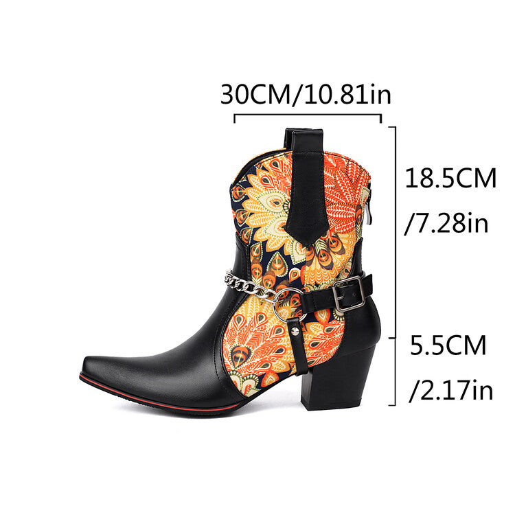 Women's Flowers Chains Pointed Toe Block Heel Short Western Boots