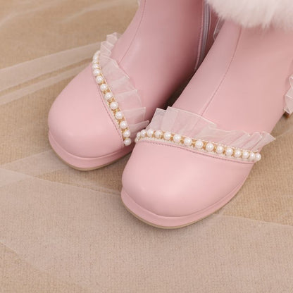 Women's Beads Round Toe Block Heel Platform Short Boots