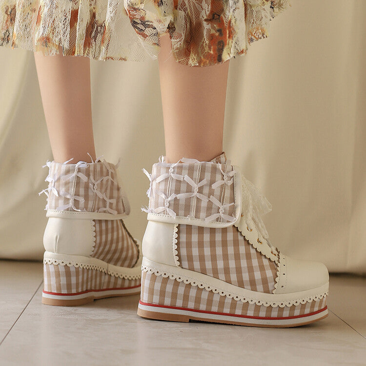 Women's Patchwork Lace-Up Round Toe Wedge Platform Short Boots